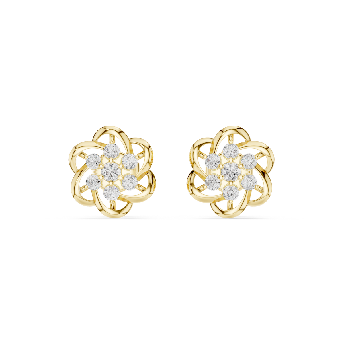 14K Solid Gold Lab Diamond Flower Cluster Earrings, Yellow Gold