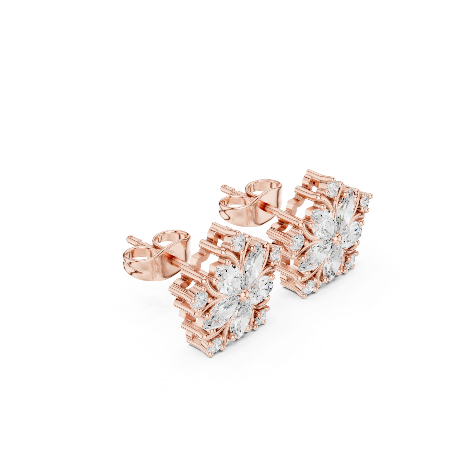 14K Solid Gold Lab Diamond Flower Cluster Earrings, Rose Gold, view 1
