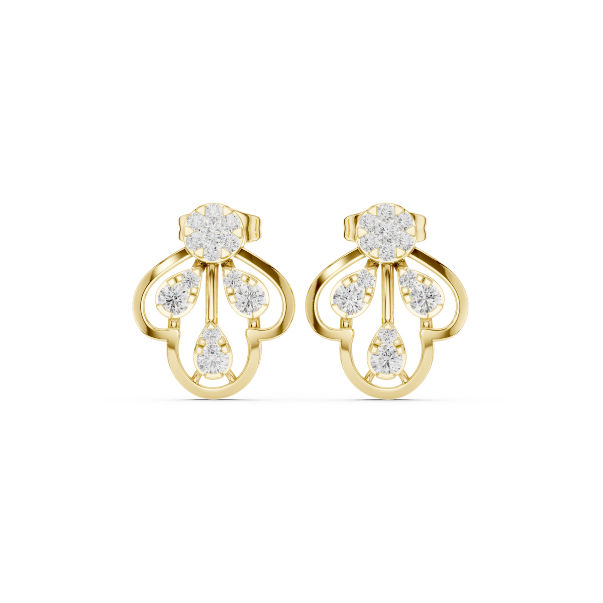 14K Solid Gold Lab Diamond Clover Cluster Earrings, Yellow Gold