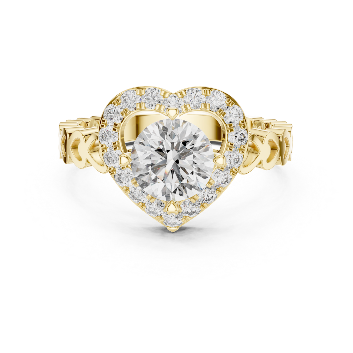 14K Solid Gold Lab Diamond Heart Halo Ring, Yellow Gold