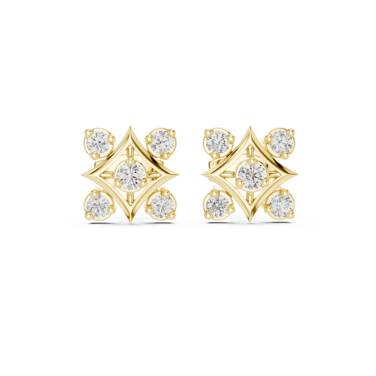 14K Solid Gold Lab Diamond Flower Cluster Earrings, Yellow Gold