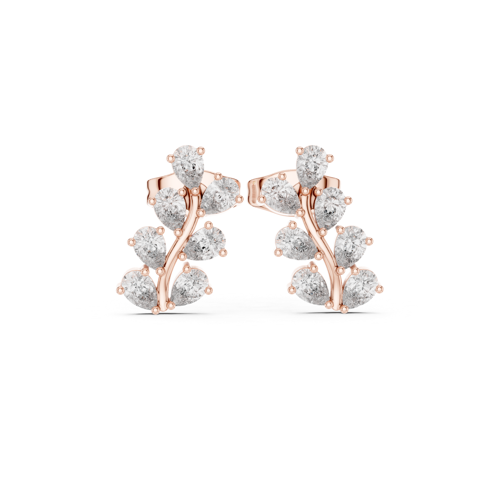 14K Solid Gold Lab Diamond Leaf Cluster Earrings, Rose Gold