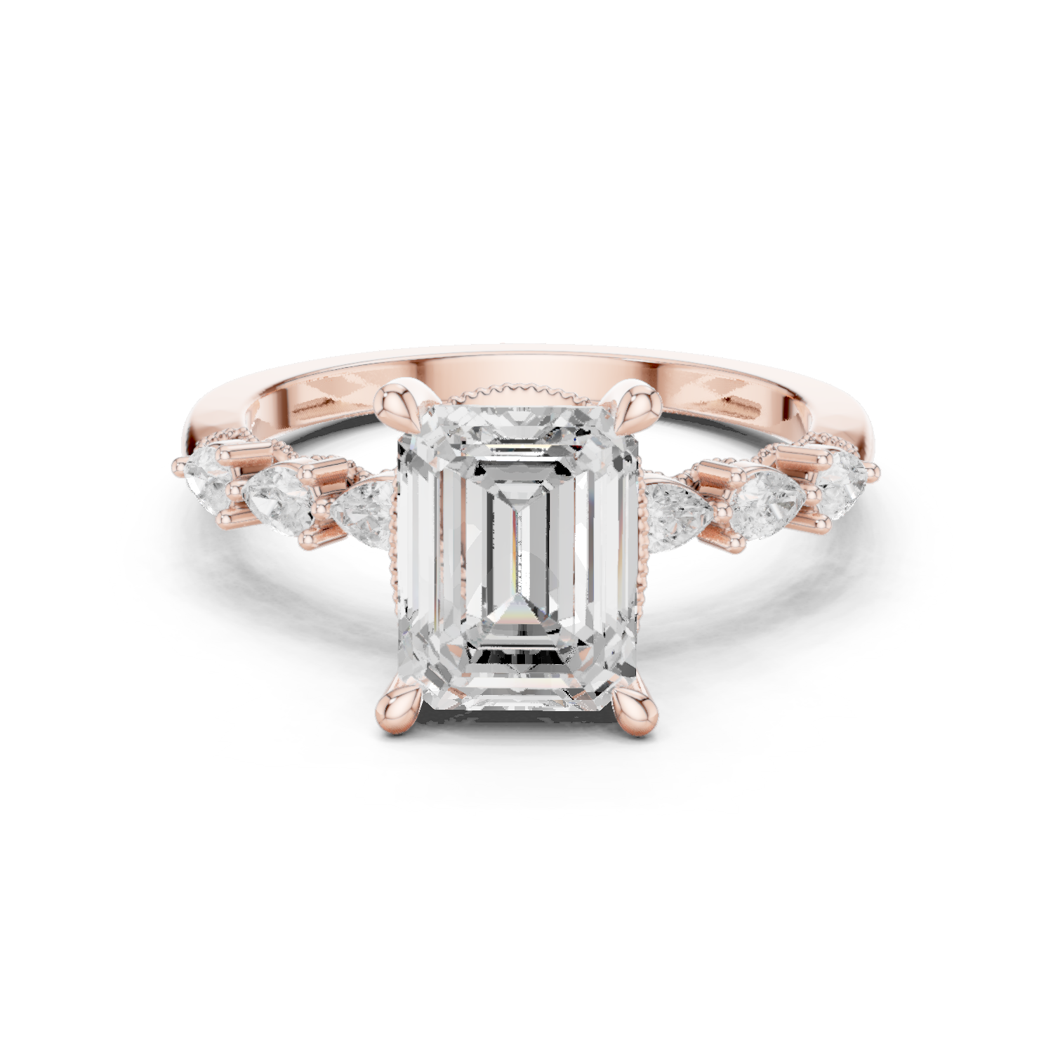 Gold Ring, Emerald center stone, Rose Gold