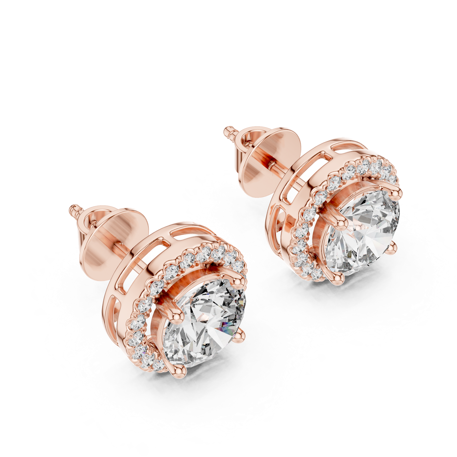 14K Solid Gold Lab Diamond Halo Earrings, Rose Gold, view 2