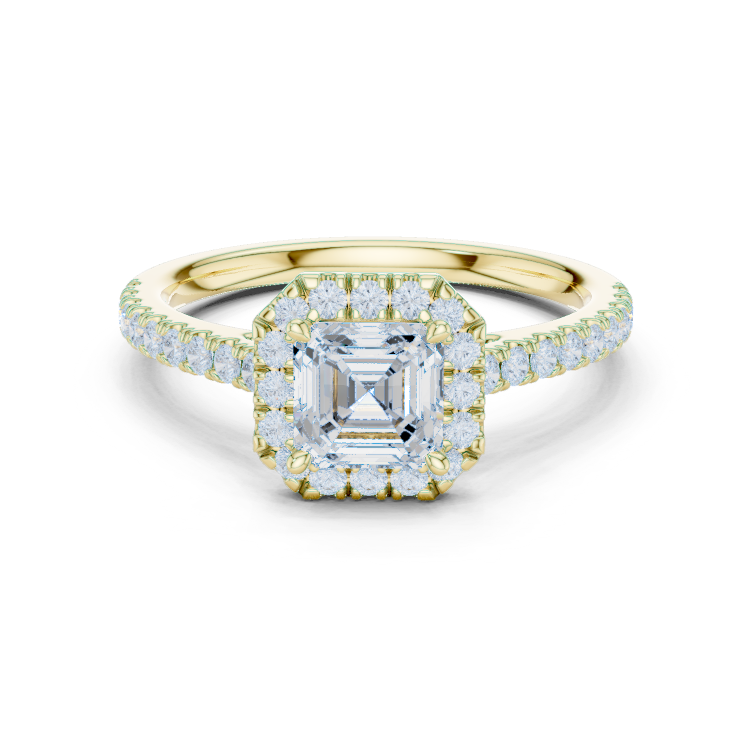 Gold Halo Pave Engagement Ring, Asscher center stone, Yellow Gold