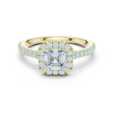 Gold Halo Pave Engagement Ring, Asscher center stone, Yellow Gold
