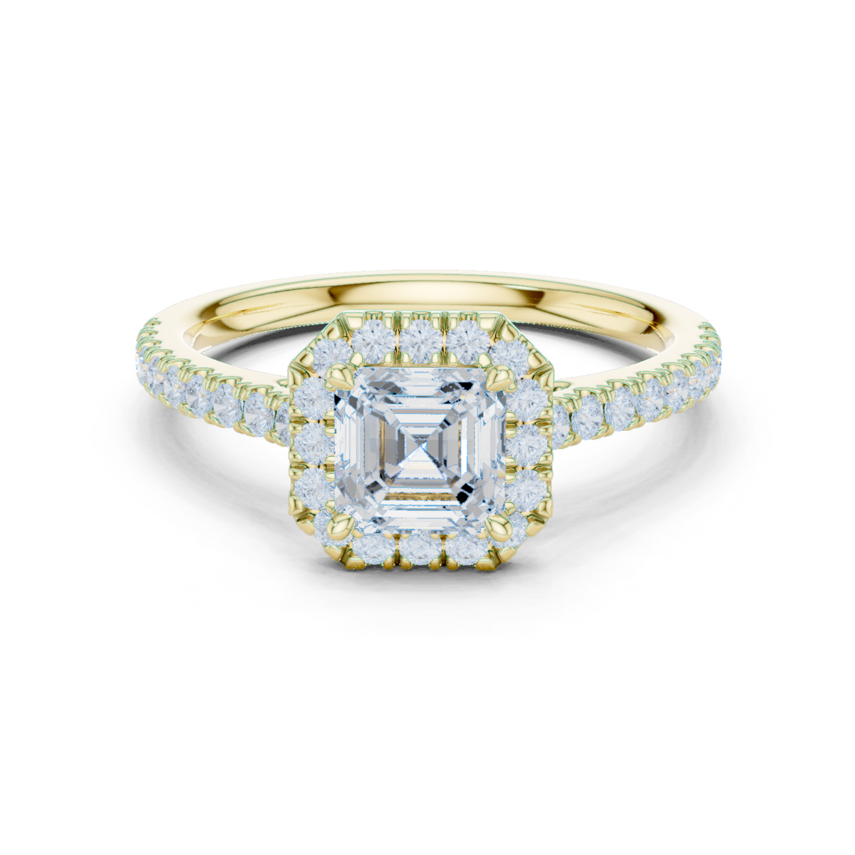 Gold Halo Pave Engagement Ring, Asscher center stone, Yellow Gold