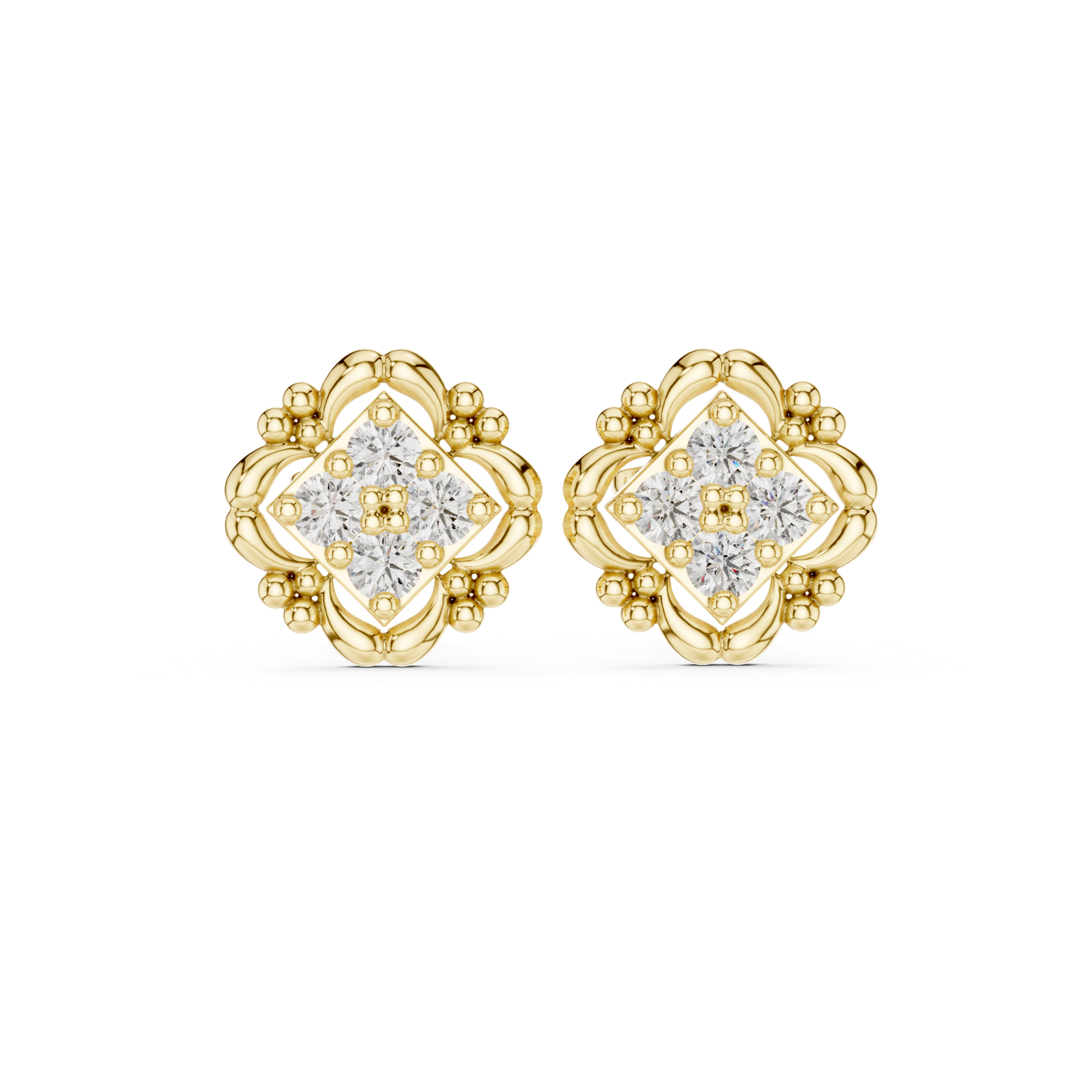 14K Solid Gold Lab Diamond Flower Cluster Earrings, Yellow Gold