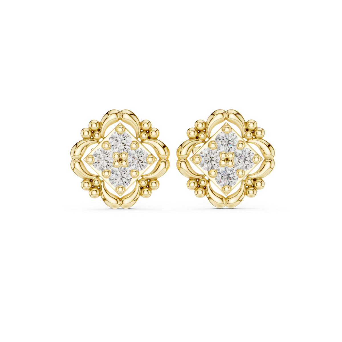 14K Solid Gold Lab Diamond Flower Cluster Earrings, Yellow Gold