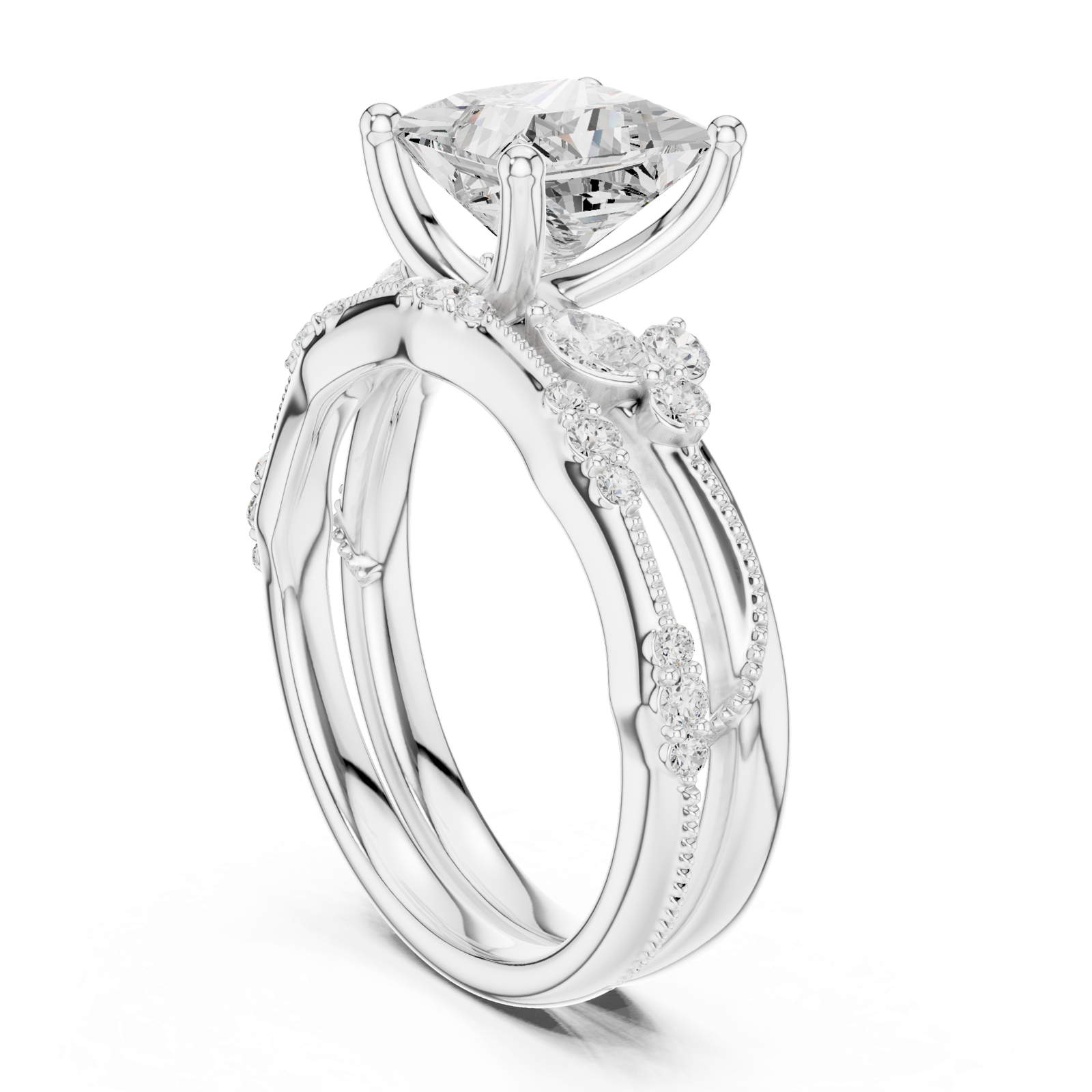 Gold Ring DDLR-299, Princess center stone, White Gold, view 1