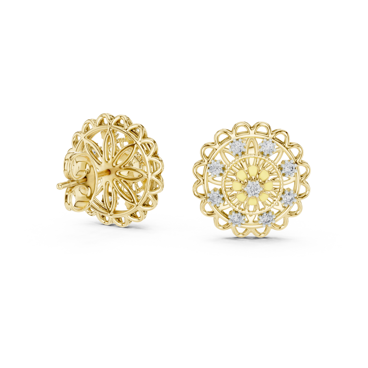14K Solid Gold Lab Diamond Flower Halo Earrings, Yellow Gold, view 1