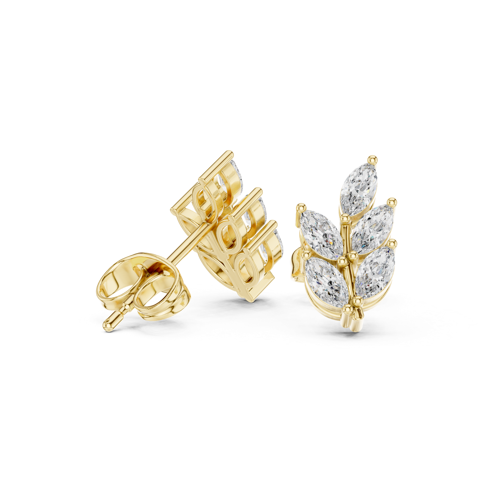 14K Solid Gold Lab Diamond Leaf Cluster Earrings, Yellow Gold, view 1