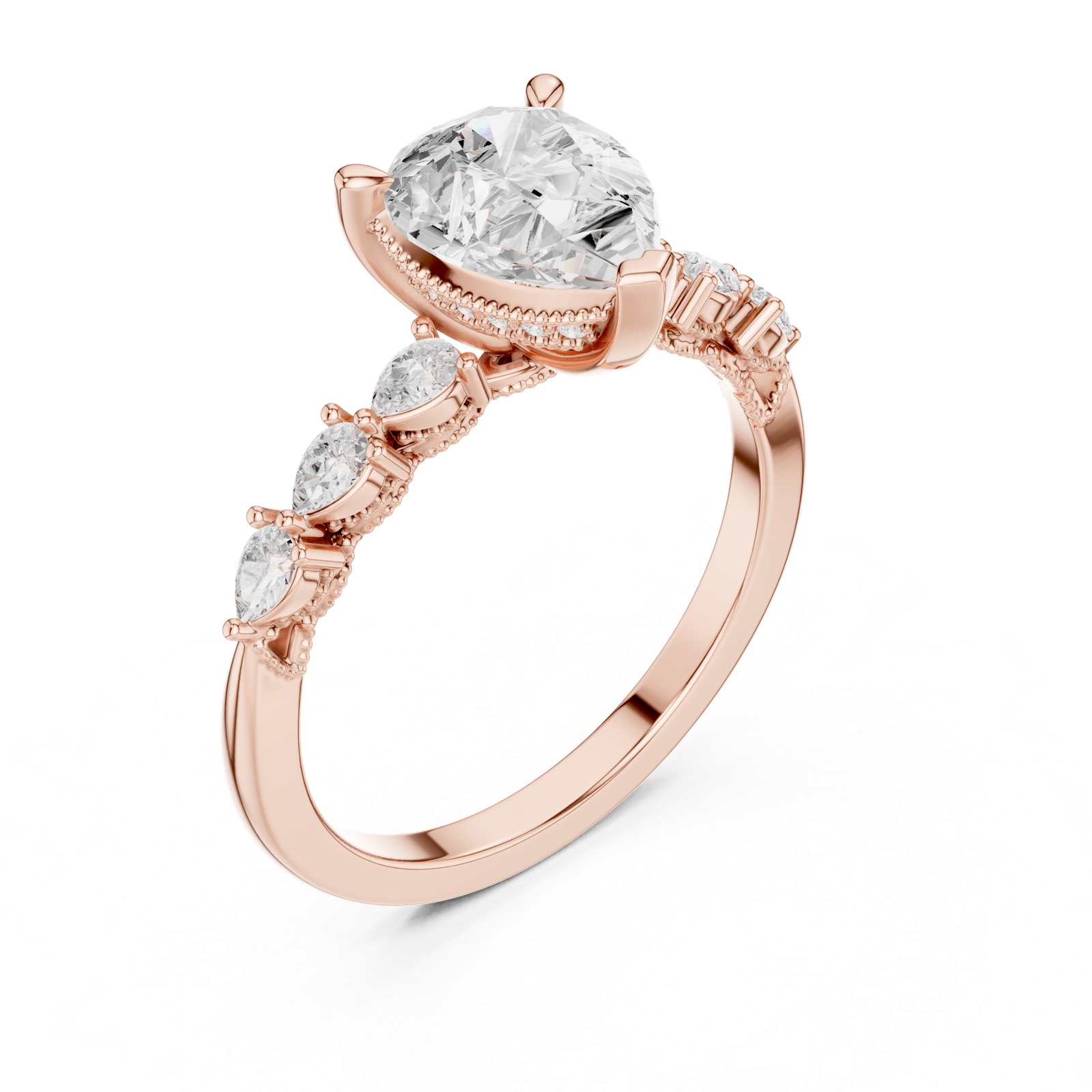 Gold Ring, Pear center stone, Rose Gold, view 2