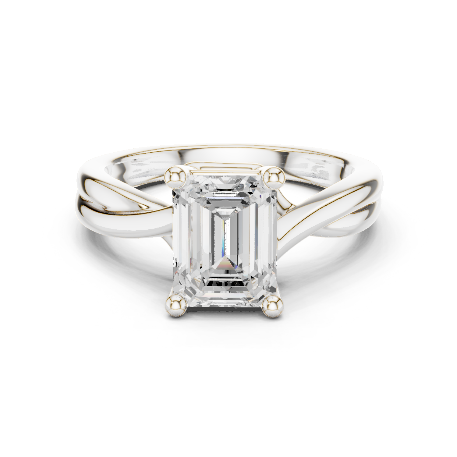 Gold Twisted Band Solitaire Engagement Ring, Emerald center stone, White Gold