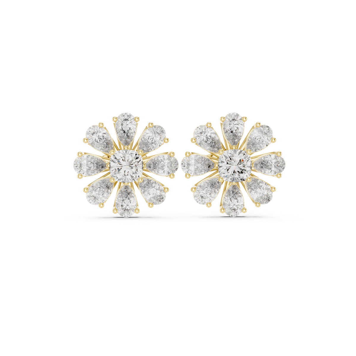14K Solid Gold Lab Diamond Flower Halo Earrings, Yellow Gold