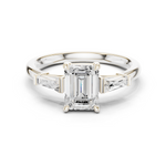 Gold Three-Stone Baguette Engagement Ring, Emerald center stone, White Gold