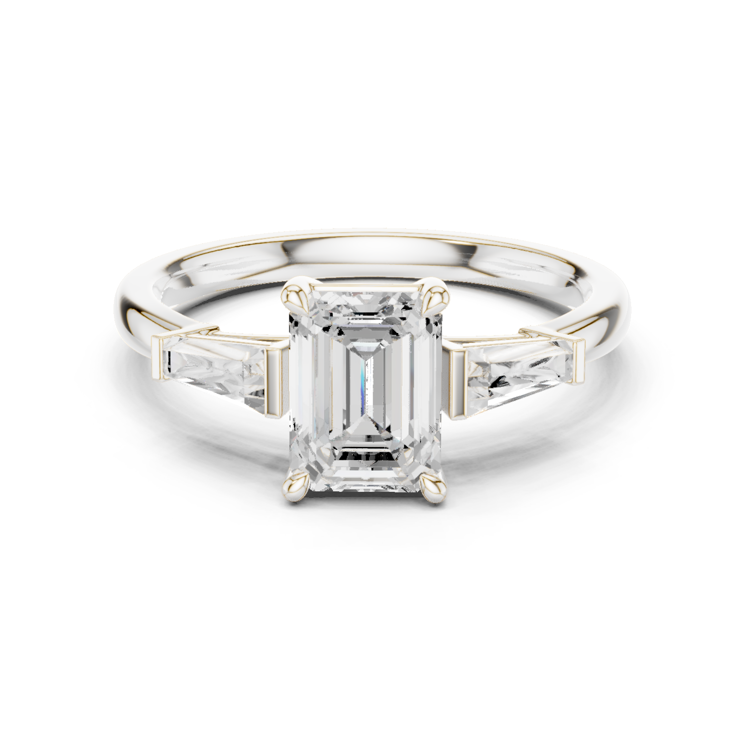 Gold Three-Stone Baguette Engagement Ring, Emerald center stone, White Gold