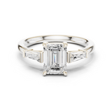 Gold Three-Stone Baguette Engagement Ring, Emerald center stone, White Gold