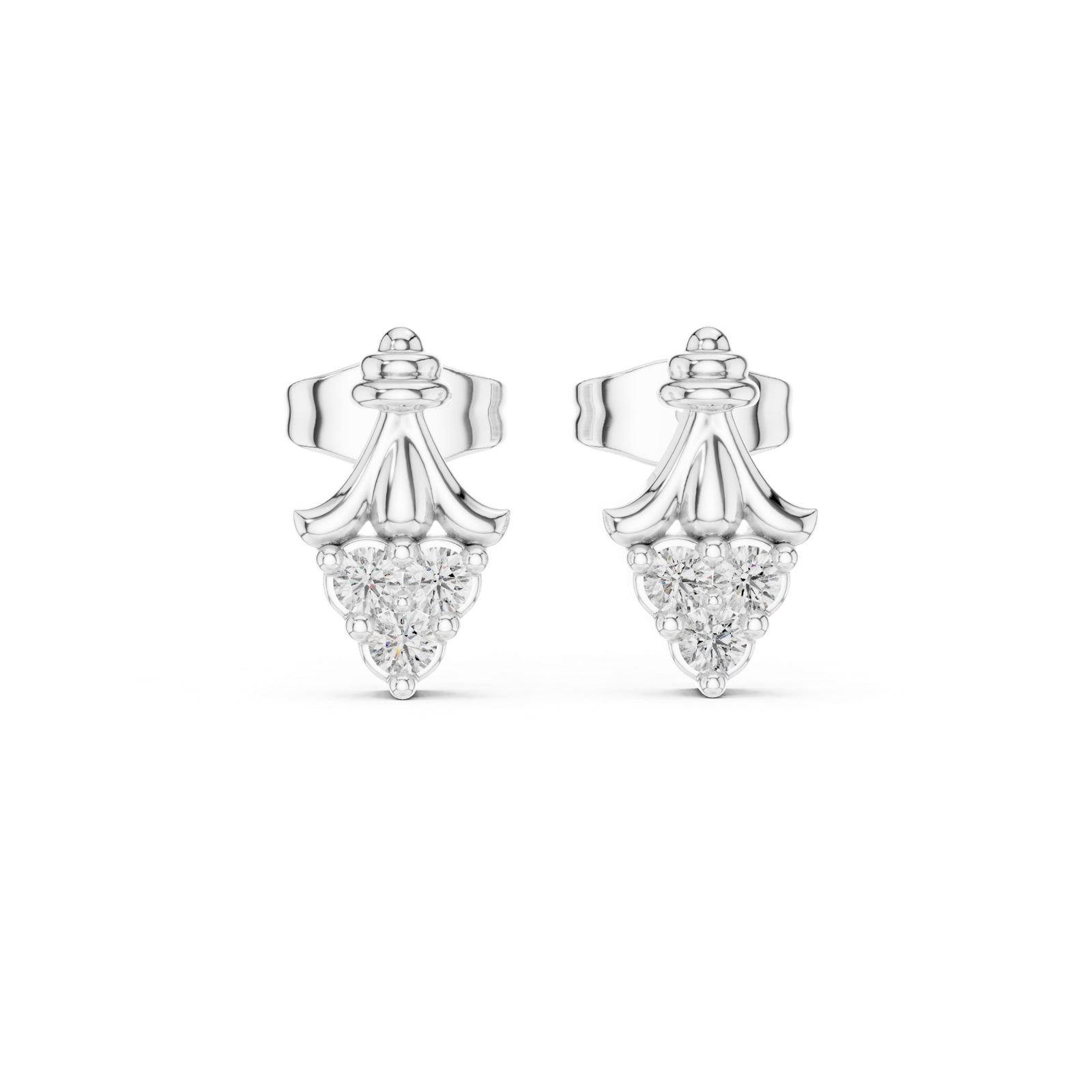 14K Solid Gold Lab Diamond Leaf Cluster Earrings, White Gold