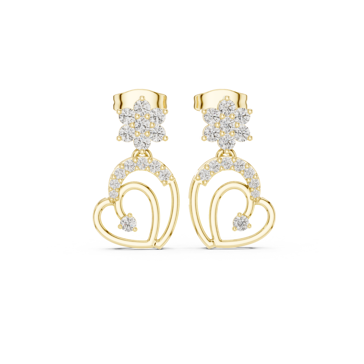 14K Solid Gold Lab Diamond Heart Cluster Earrings, Yellow Gold