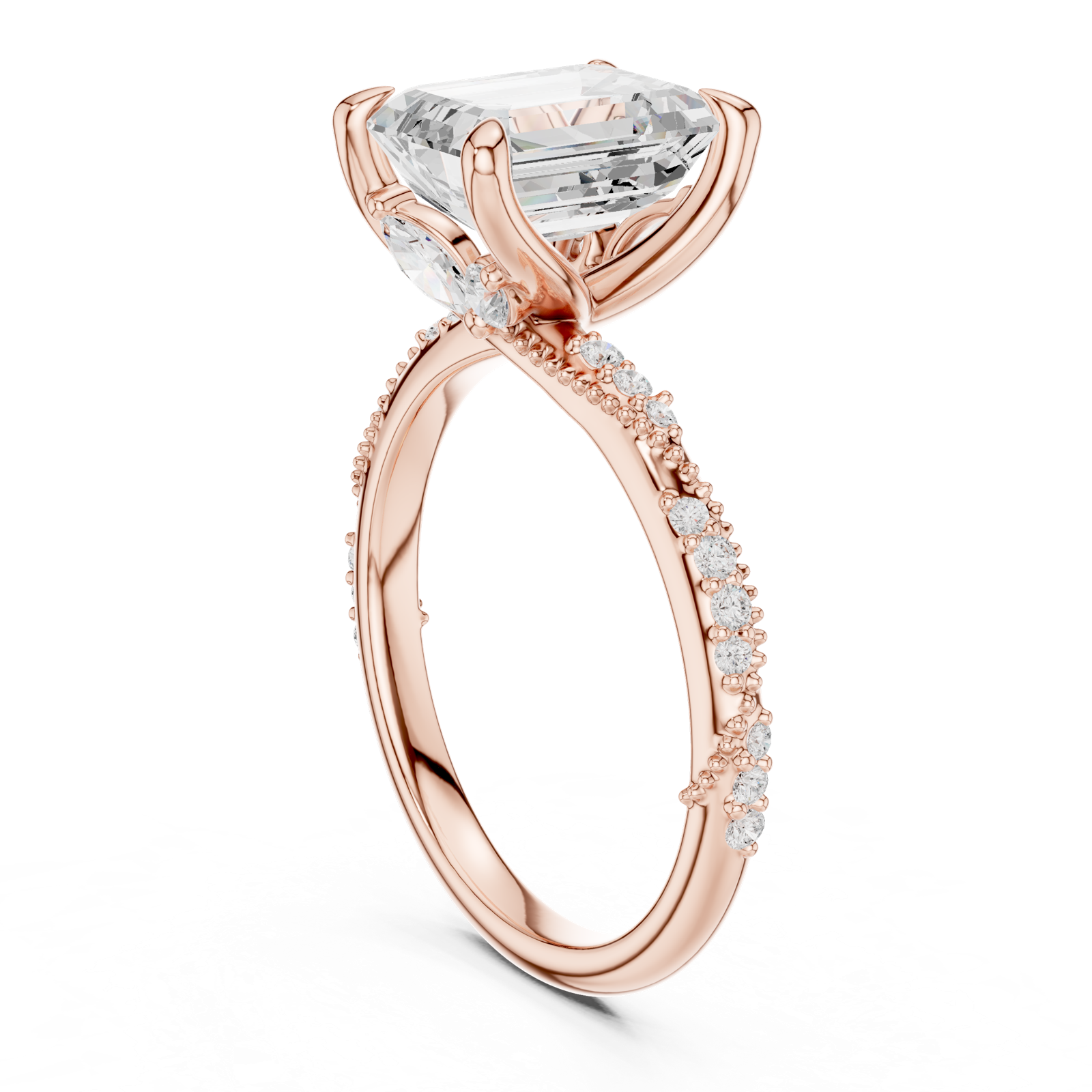 Gold Ring DDLR-167, Emerald center stone, Rose Gold, view 1