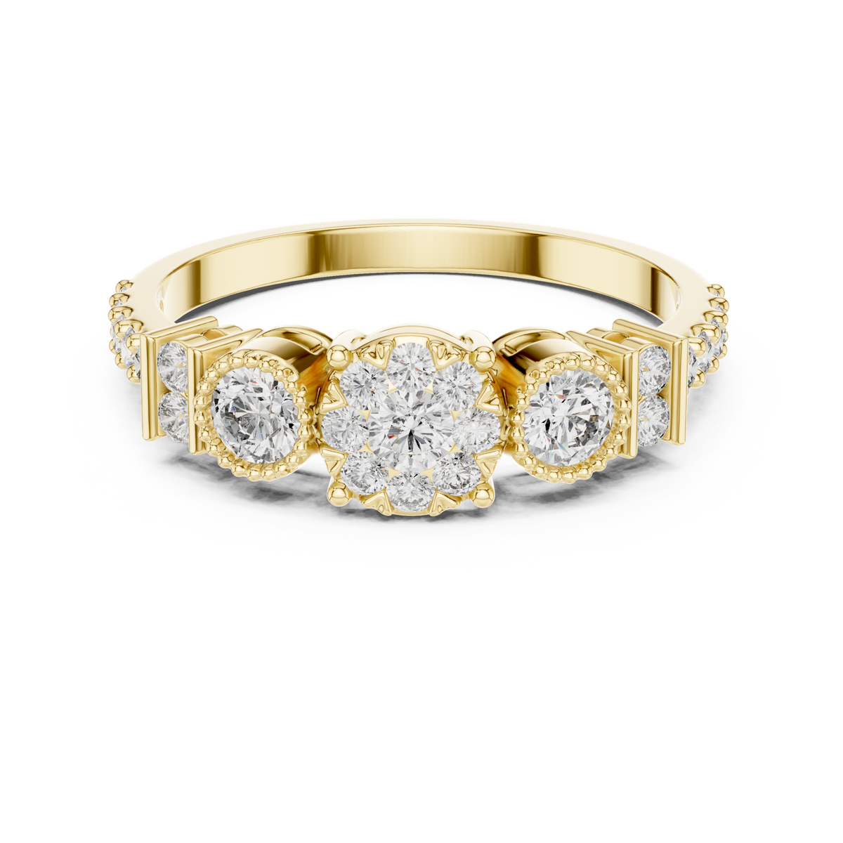 14K Solid Gold Lab Diamond Three-Stone Ring, Yellow Gold