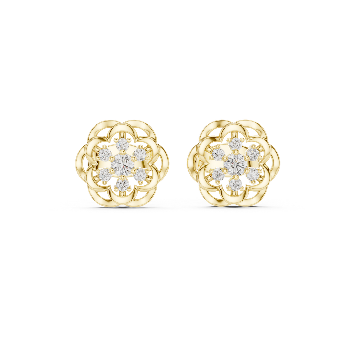 14K Solid Gold Lab Diamond Flower Cluster Earrings, Yellow Gold
