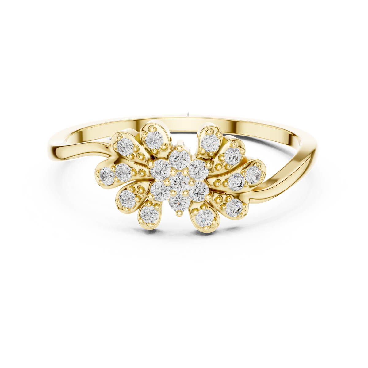 14K Solid Gold Lab Diamond Flower Cluster Ring, Yellow Gold