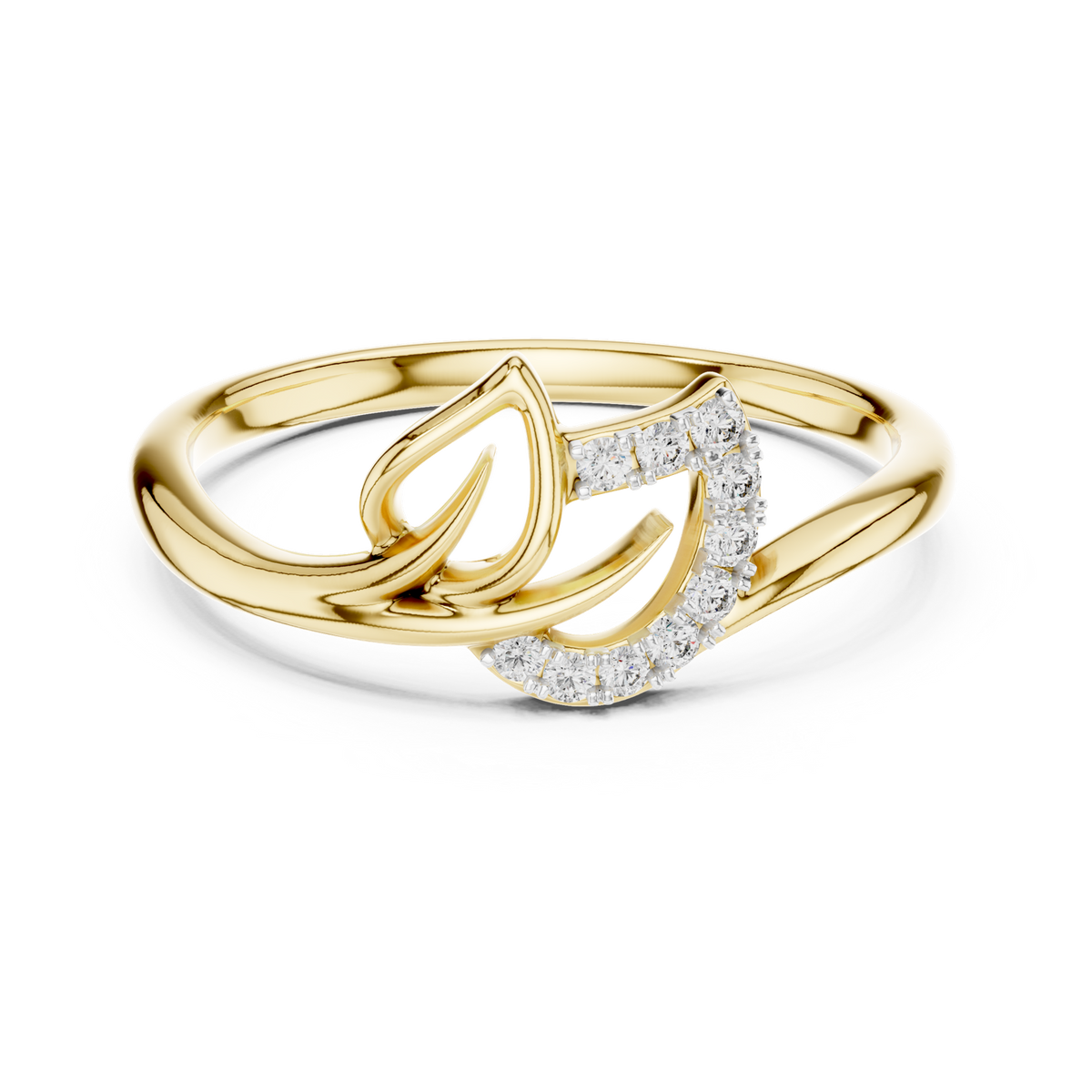 14K Solid Gold Lab Diamond Leaf Twist Ring, Yellow Gold