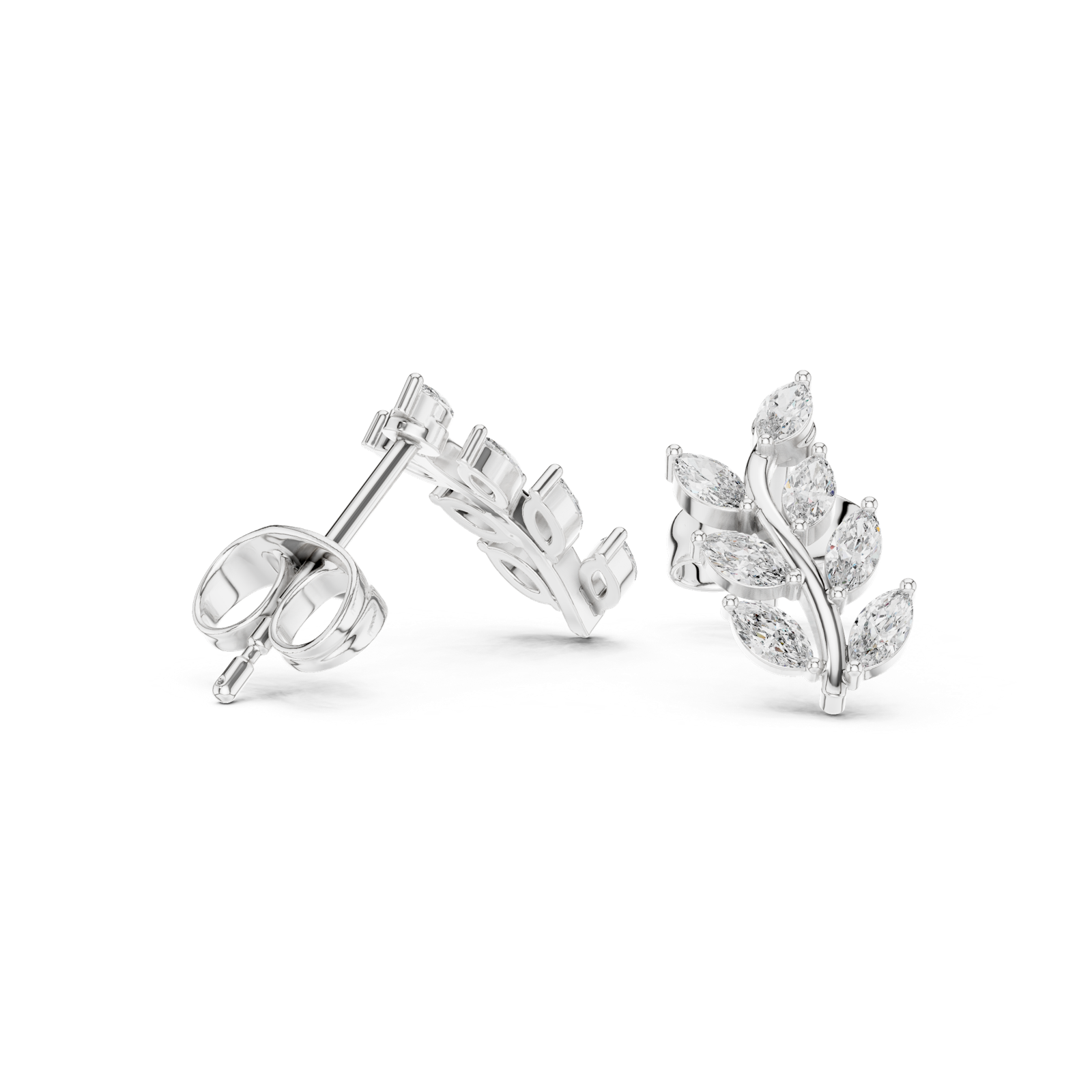 14K Solid Gold Lab Diamond Leaf Drop Earrings, White Gold, view 1