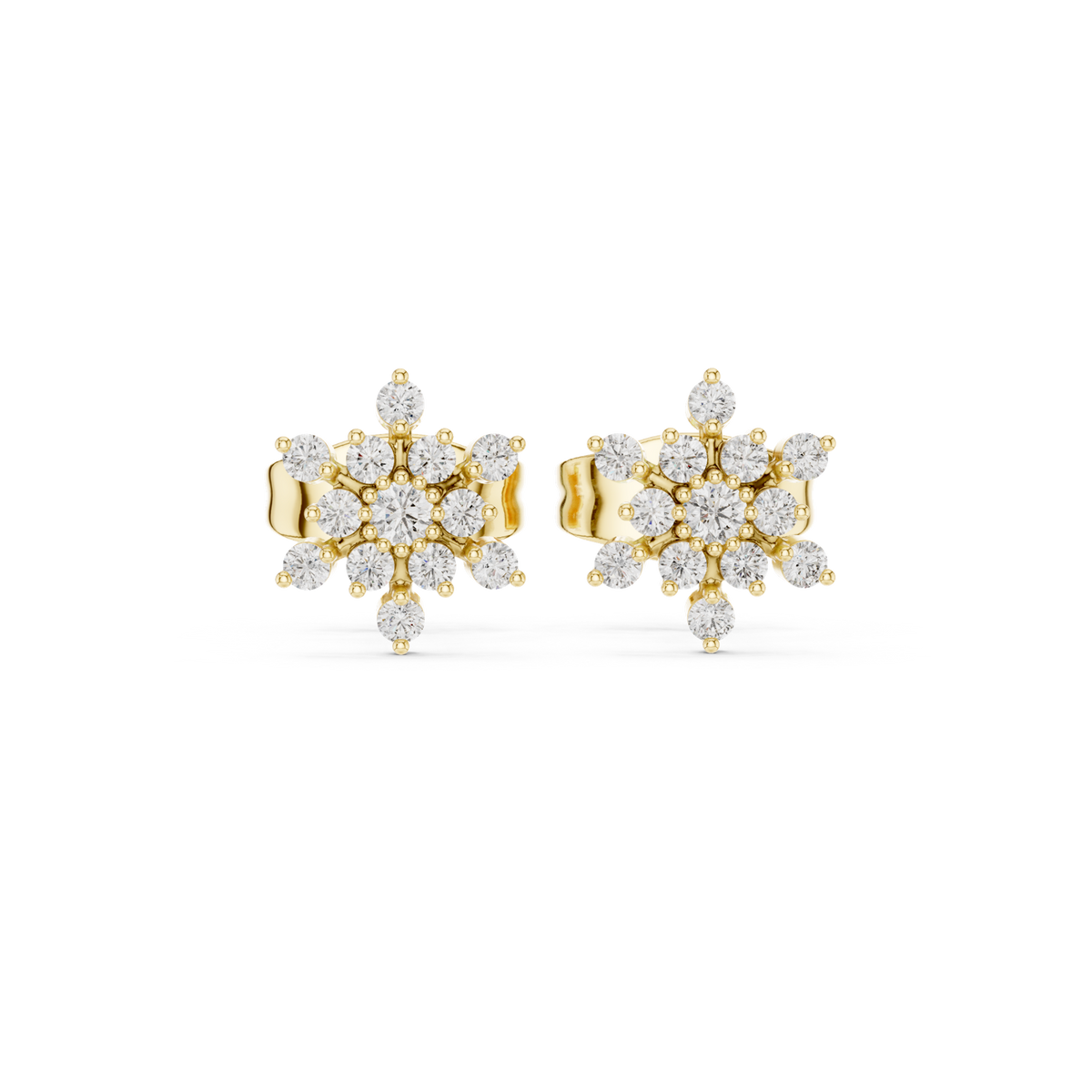 14K Solid Gold Lab Diamond Star Cluster Earrings, Yellow Gold