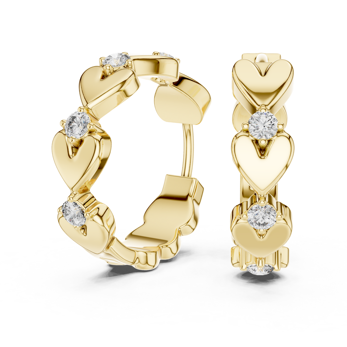 14K Solid Gold Lab Diamond Heart Huggie Earrings, Yellow Gold, view 1