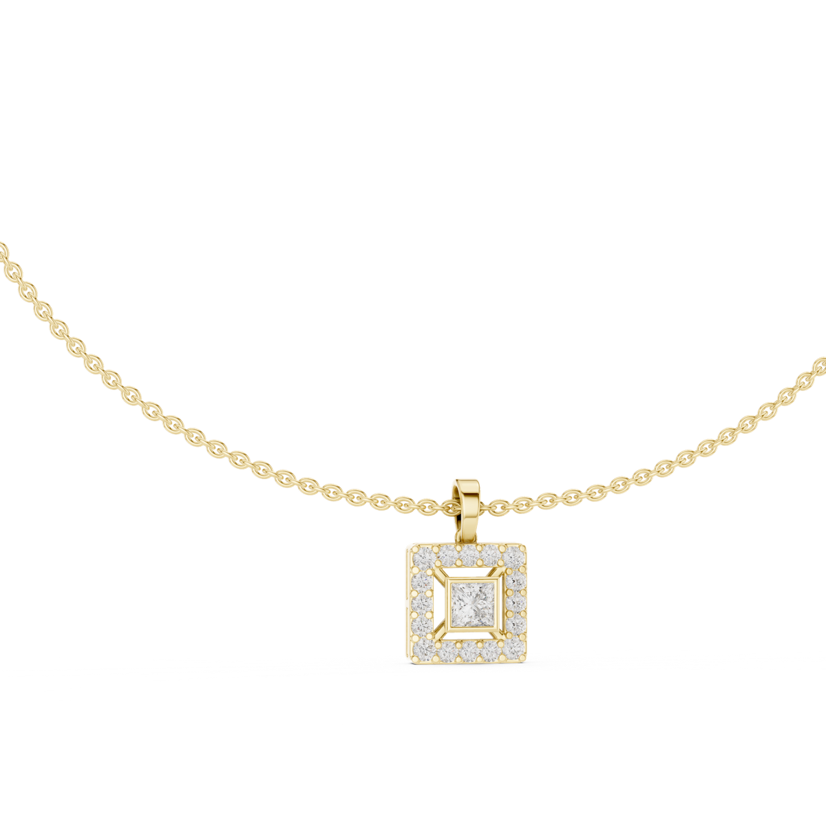 14K Solid Gold Lab Diamond Halo Pendant Necklace, Yellow Gold, view 1