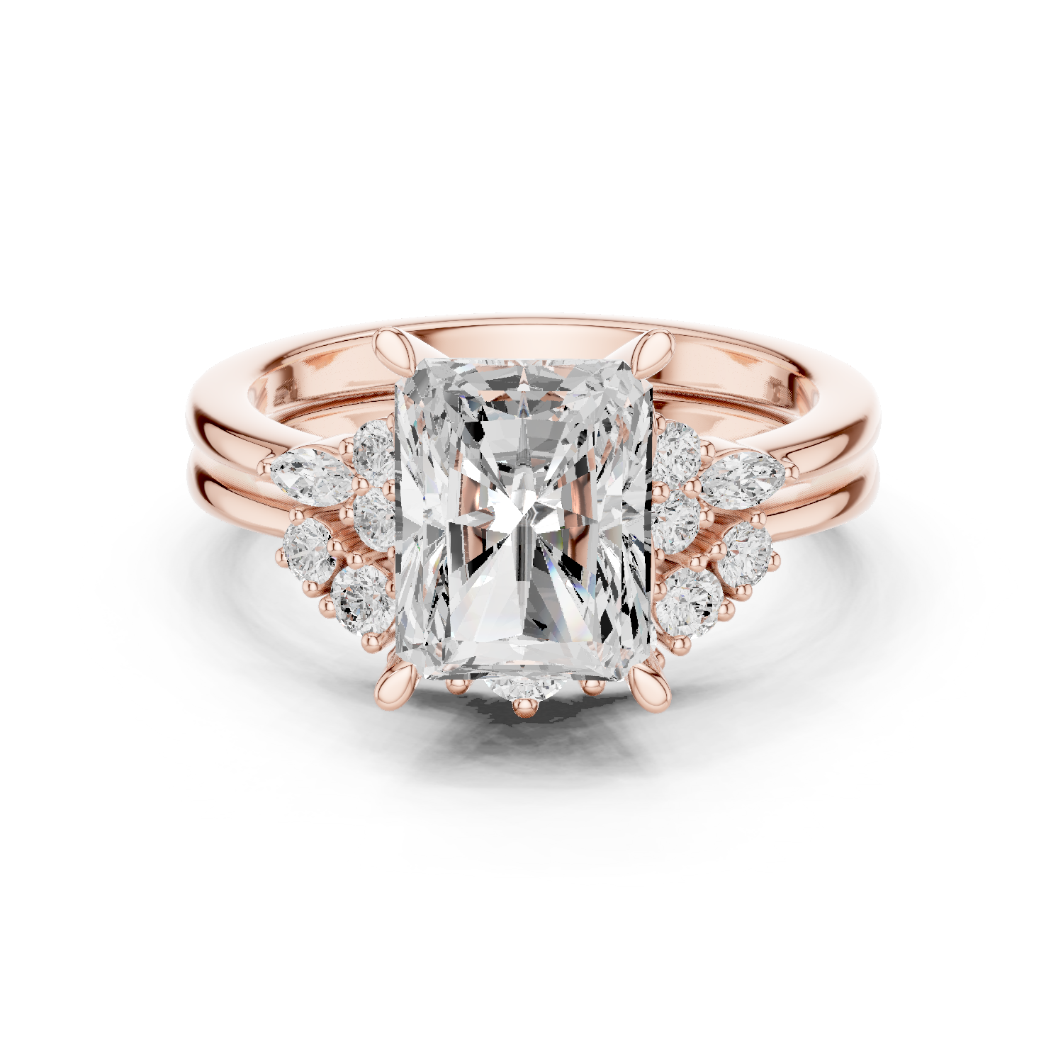 Gold Ring DDLR-440, Radiant center stone, Rose Gold