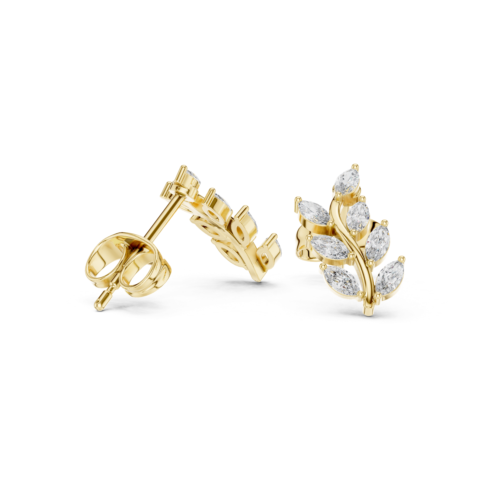 14K Solid Gold Lab Diamond Leaf Drop Earrings, Yellow Gold, view 1