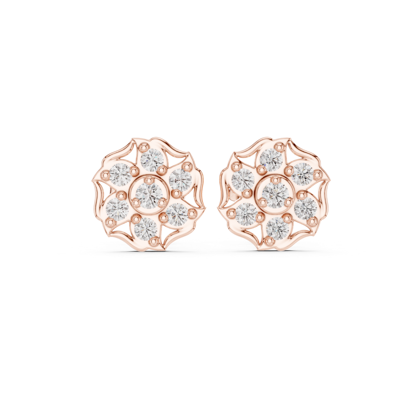 14K Solid Gold Lab Diamond Cluster Earrings, Rose Gold