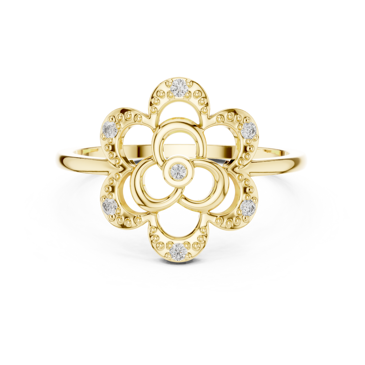 14K Solid Gold Lab Diamond Clover Cluster Ring, Yellow Gold