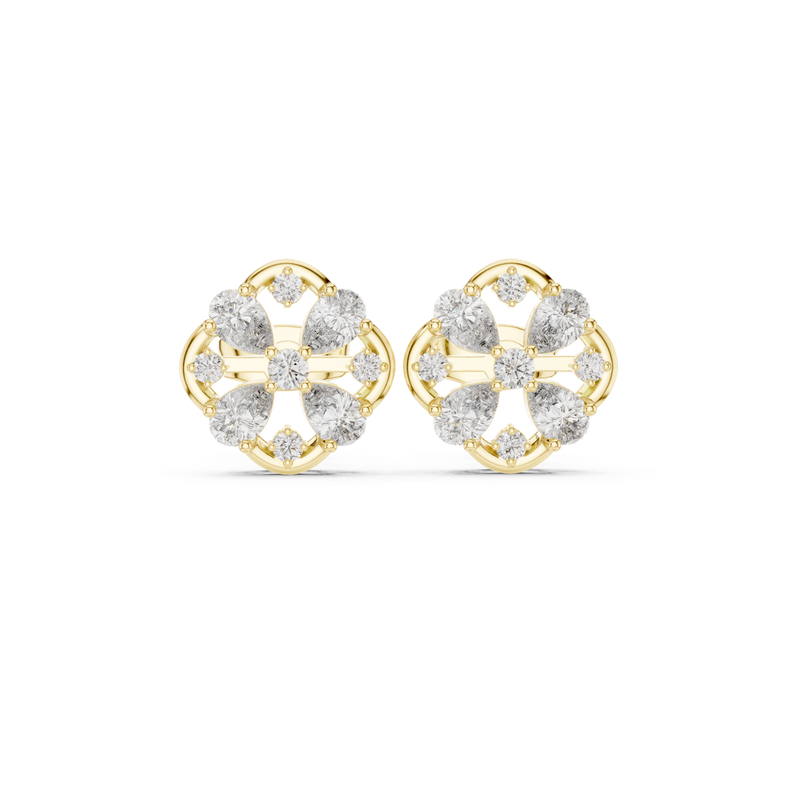 14K Solid Gold Lab Diamond Clover Cluster Earrings, Yellow Gold
