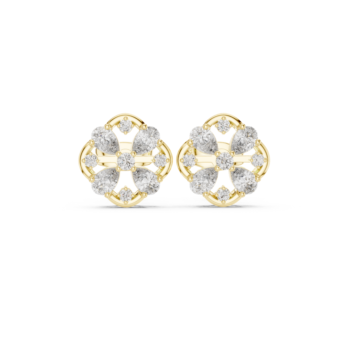 14K Solid Gold Lab Diamond Clover Cluster Earrings, Yellow Gold