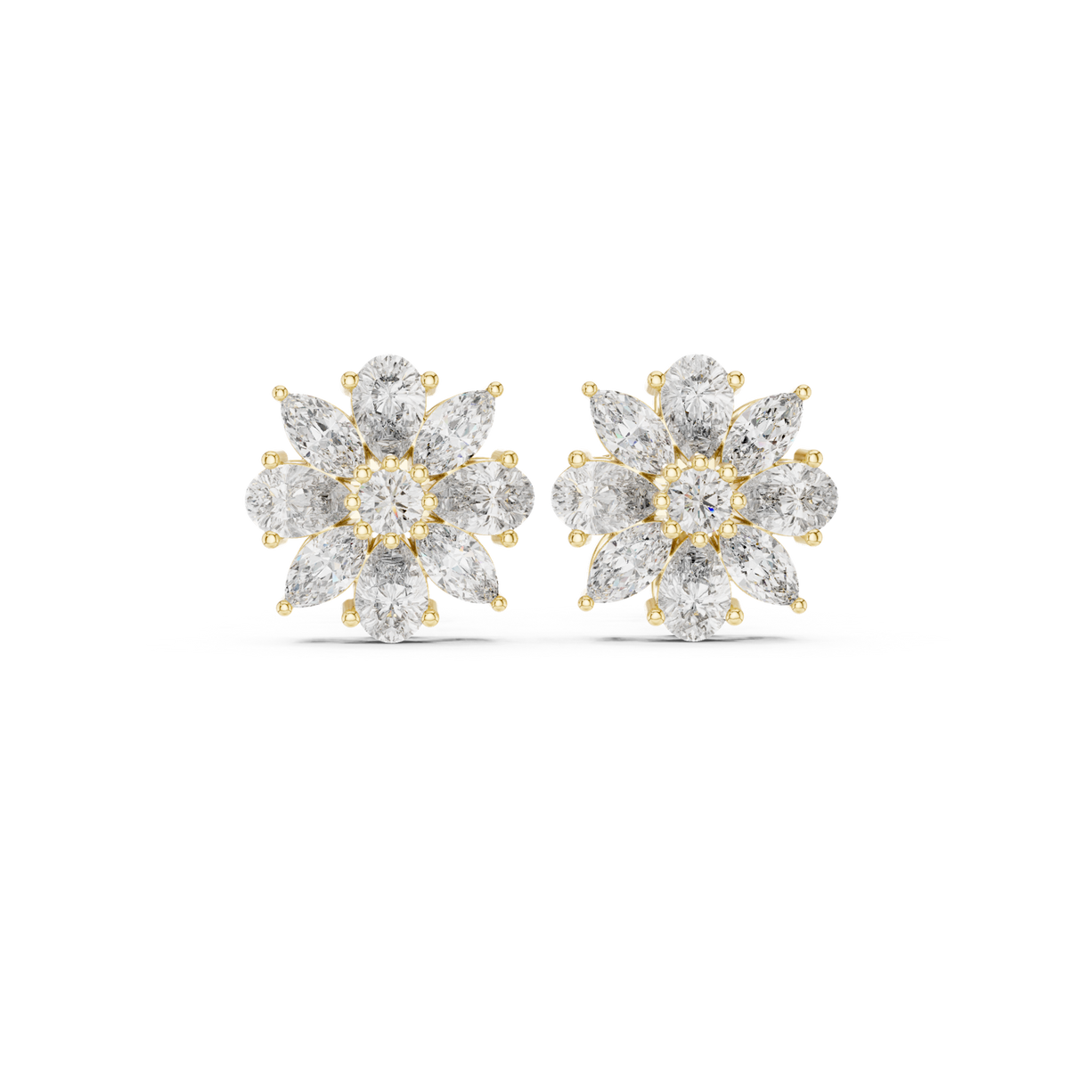 14K Solid Gold Lab Diamond Flower Cluster Earrings, Yellow Gold