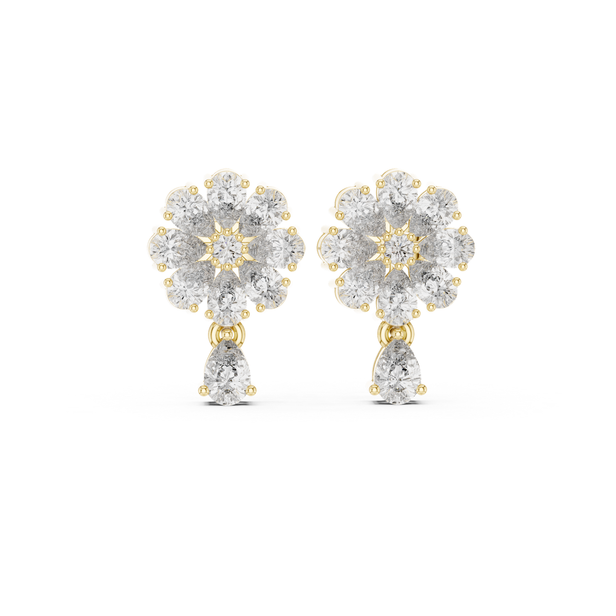 14K Solid Gold Lab Diamond Flower Drop Earrings, Yellow Gold
