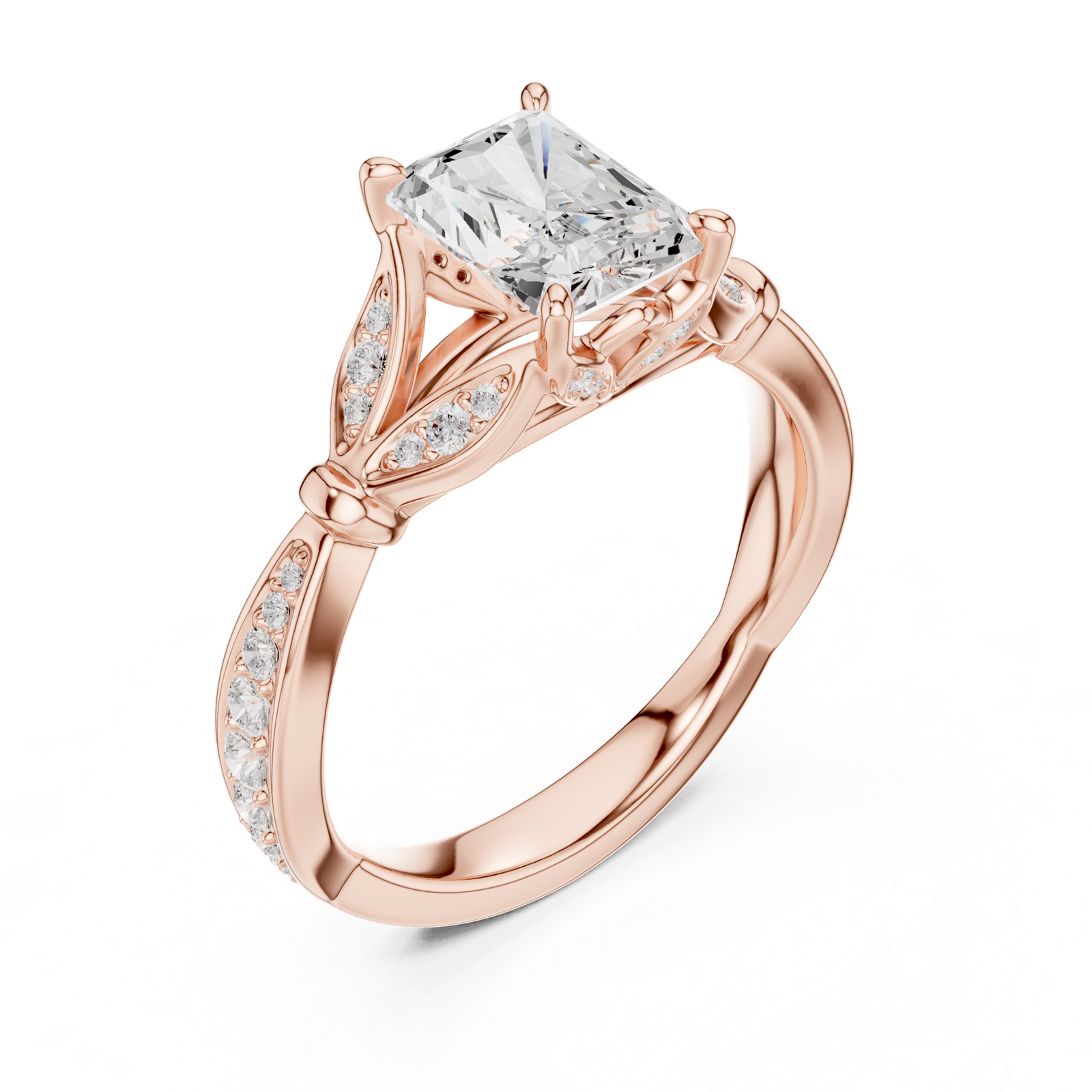 Gold Ring DDLR-257, Radiant center stone, Rose Gold, view 2