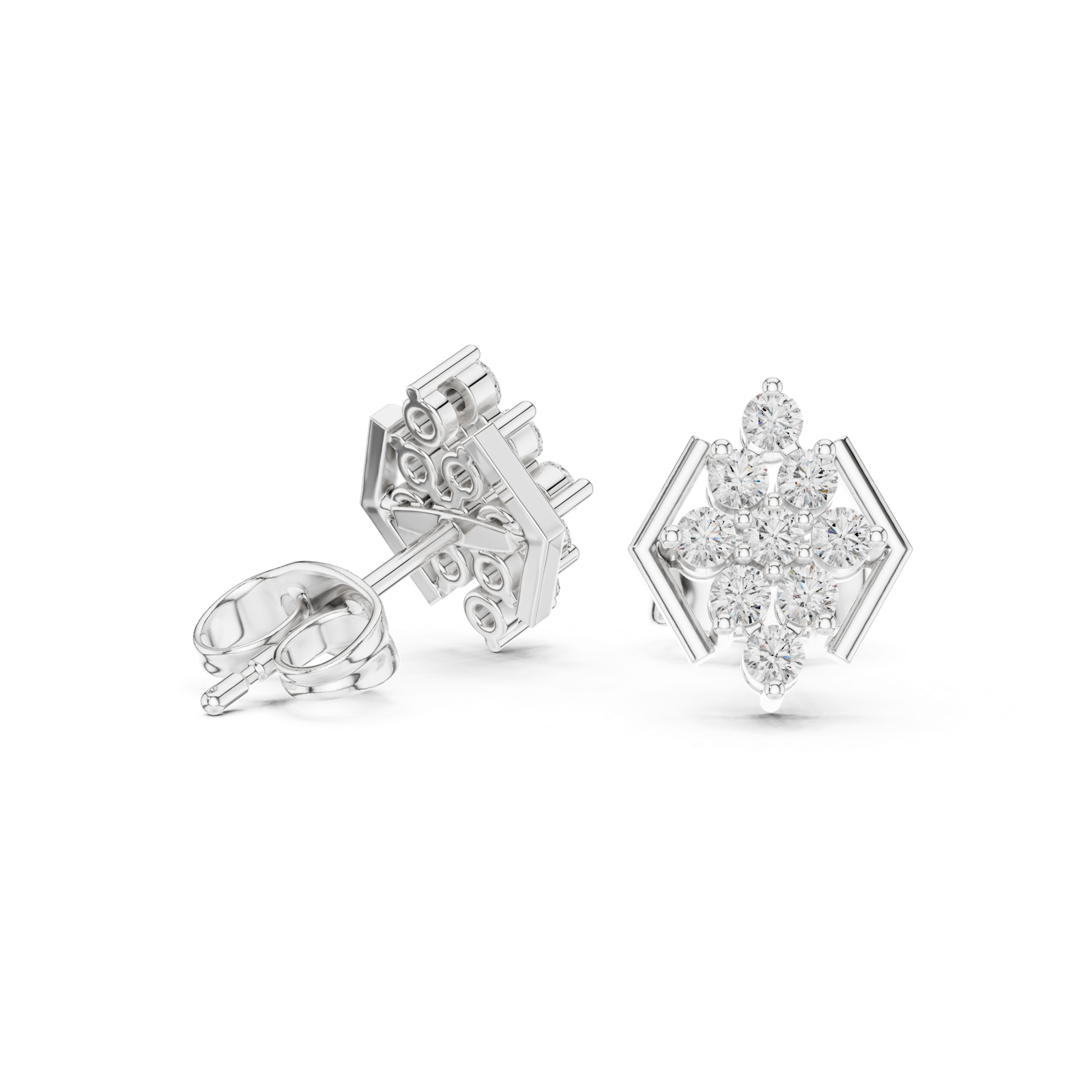 14K Solid Gold Lab Diamond Cluster Earrings, White Gold, view 1