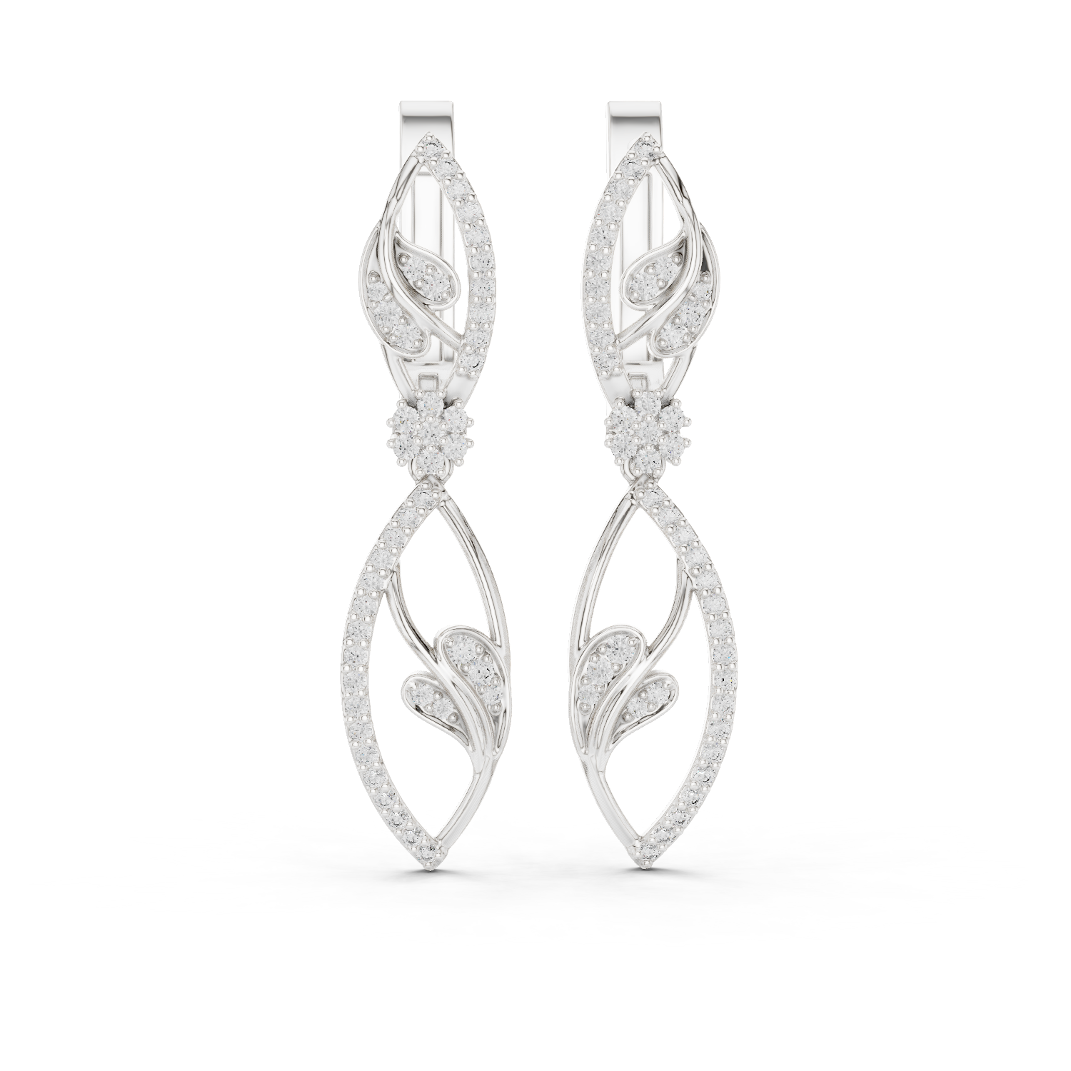14K Solid Gold Lab Diamond Leaf Drop Earrings, White Gold