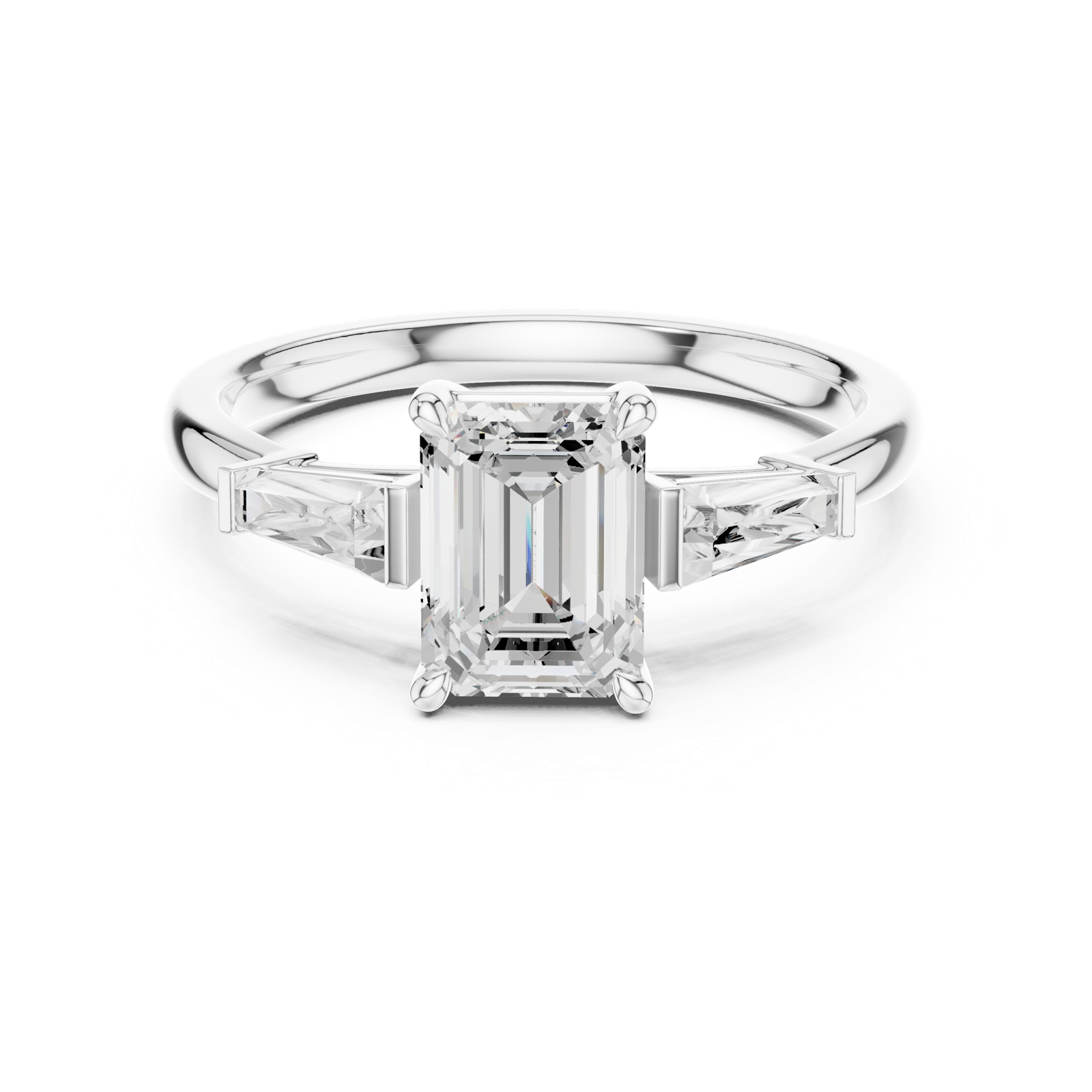 Gold Three-Stone Baguette Engagement Ring, Emerald center stone, White Gold, view 4