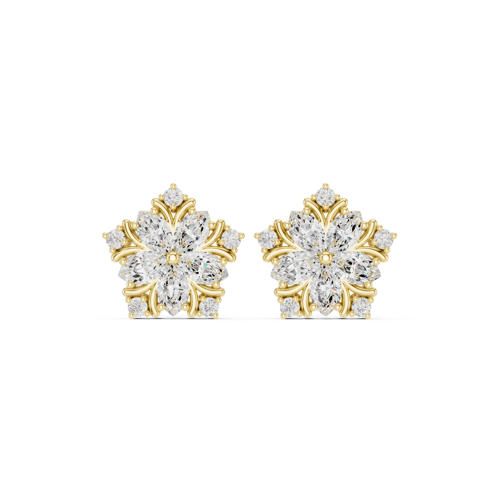 14K Solid Gold Lab Diamond Flower Cluster Earrings, Yellow Gold