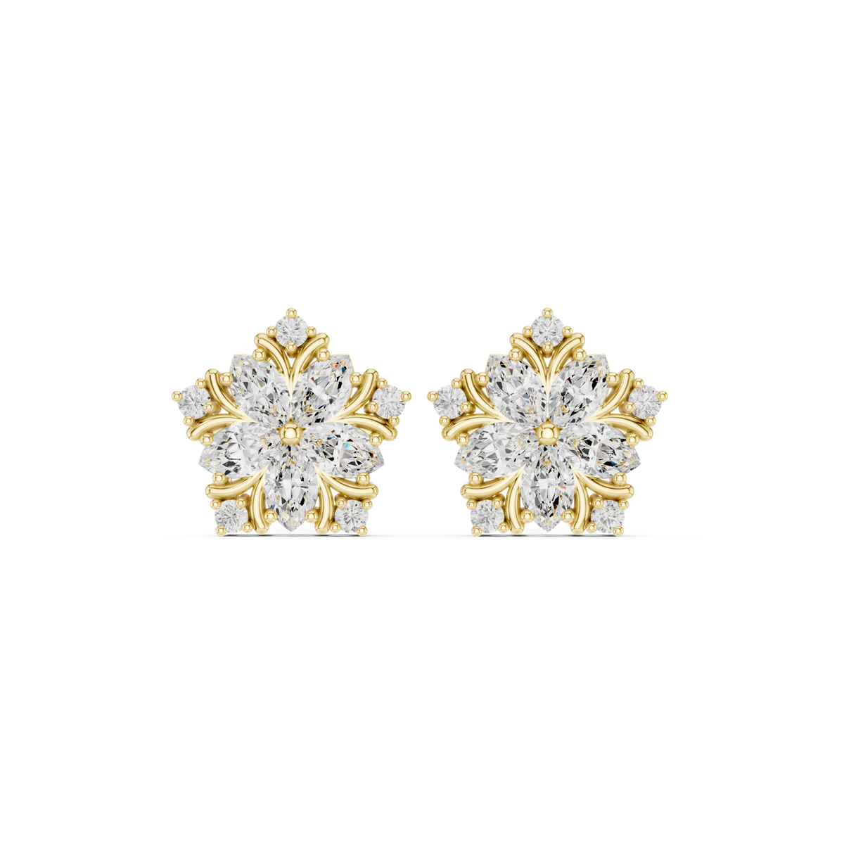 14K Solid Gold Lab Diamond Flower Cluster Earrings, Yellow Gold