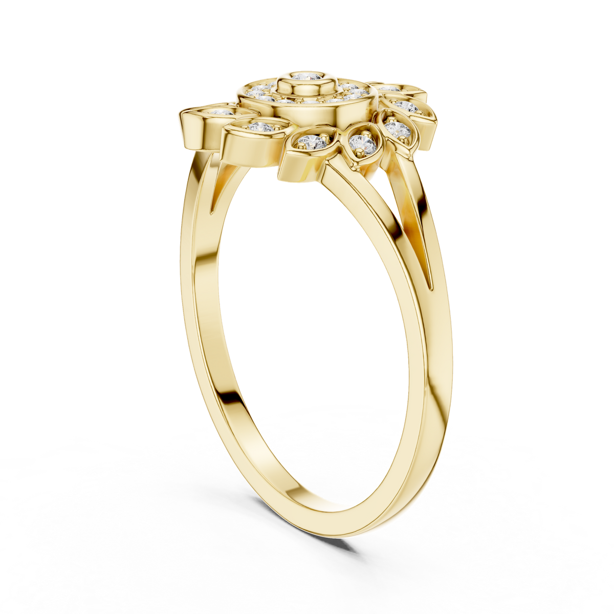 14K Solid Gold Lab Diamond Flower Halo Ring, Yellow Gold, view 1