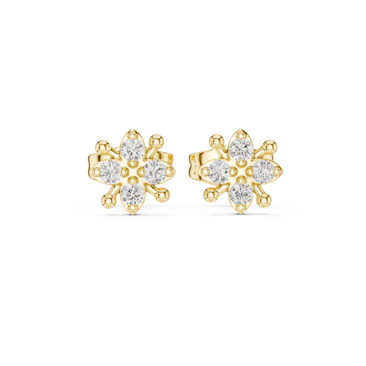 14K Solid Gold Lab Diamond Flower Cluster Earrings, Yellow Gold