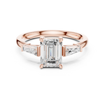 Gold Three-Stone Baguette Engagement Ring, Emerald center stone, Rose Gold, view 4